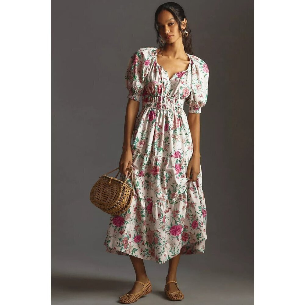 NWT Anthropologie Somerset Maxi Dress Puff Sleeve XS 100% Cotton Floral White